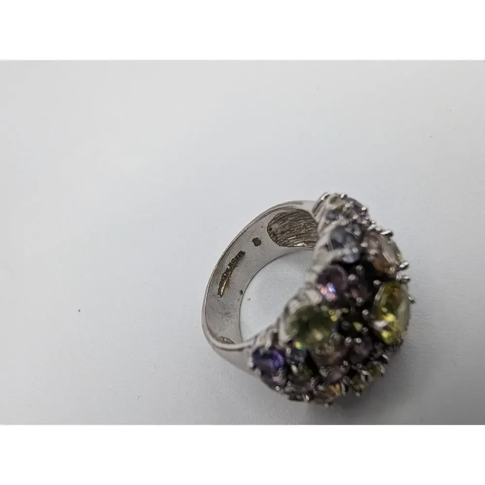 Fashion Cocktail Ring Multi-Color Gemstone Cluster Wide Band Silver Tone Size 7